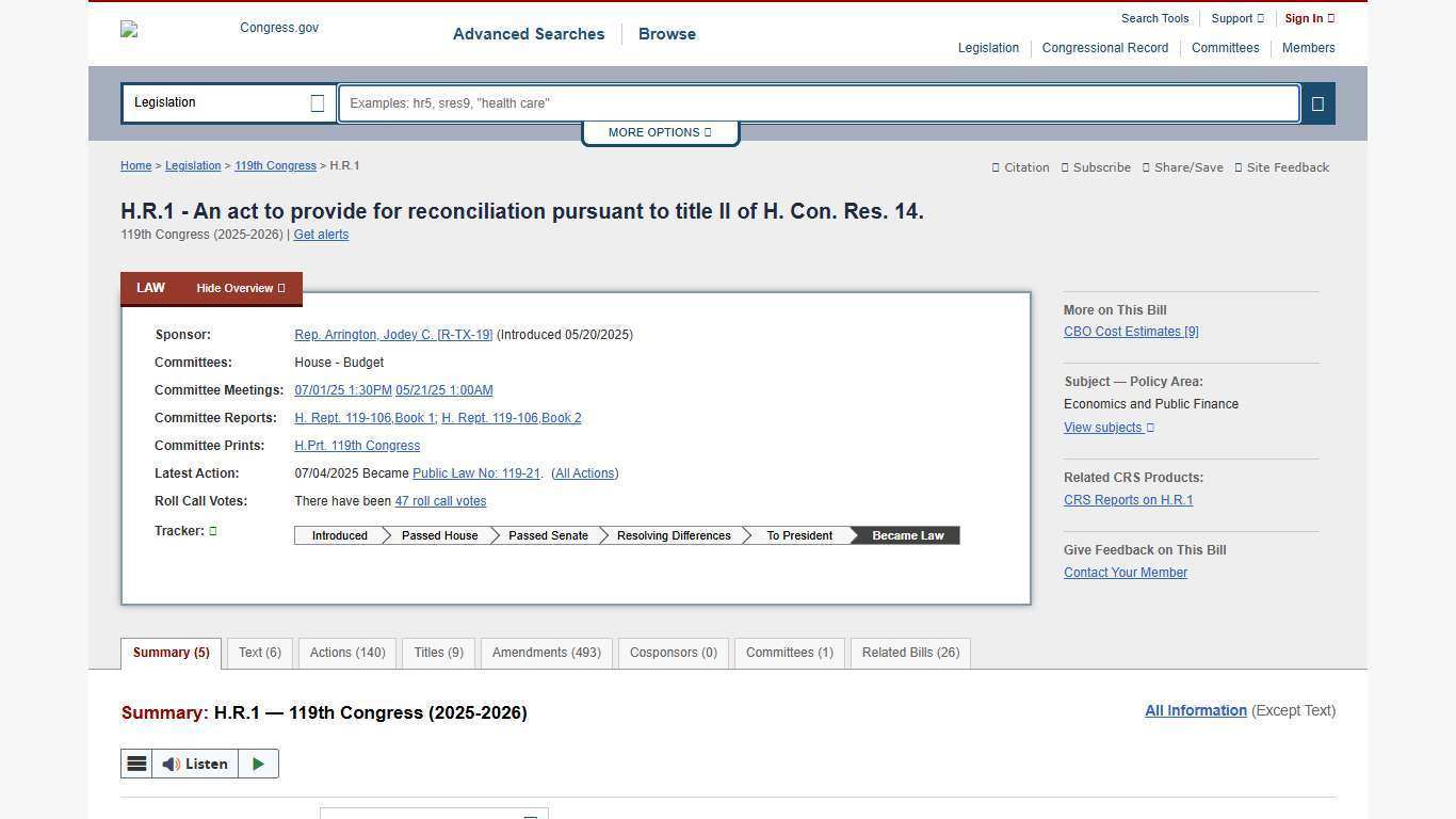 H.R.1 - 119th Congress (2025-2026): An act to provide for reconciliation pursuant to title II of H. Con. Res. 14. | Congress.gov | Library of Congress