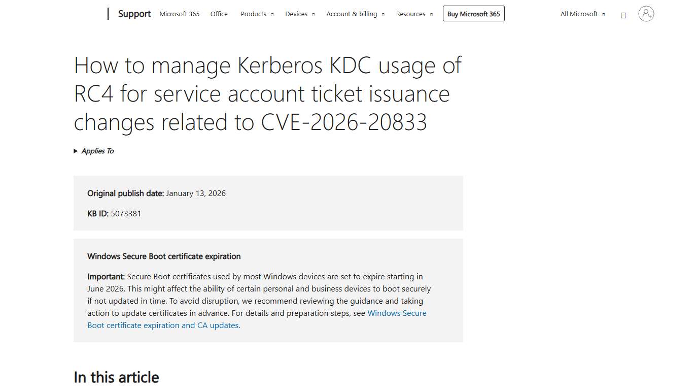 How to manage Kerberos KDC usage of RC4 for service account ticket issuance changes related to CVE-2026-20833 - Microsoft Support